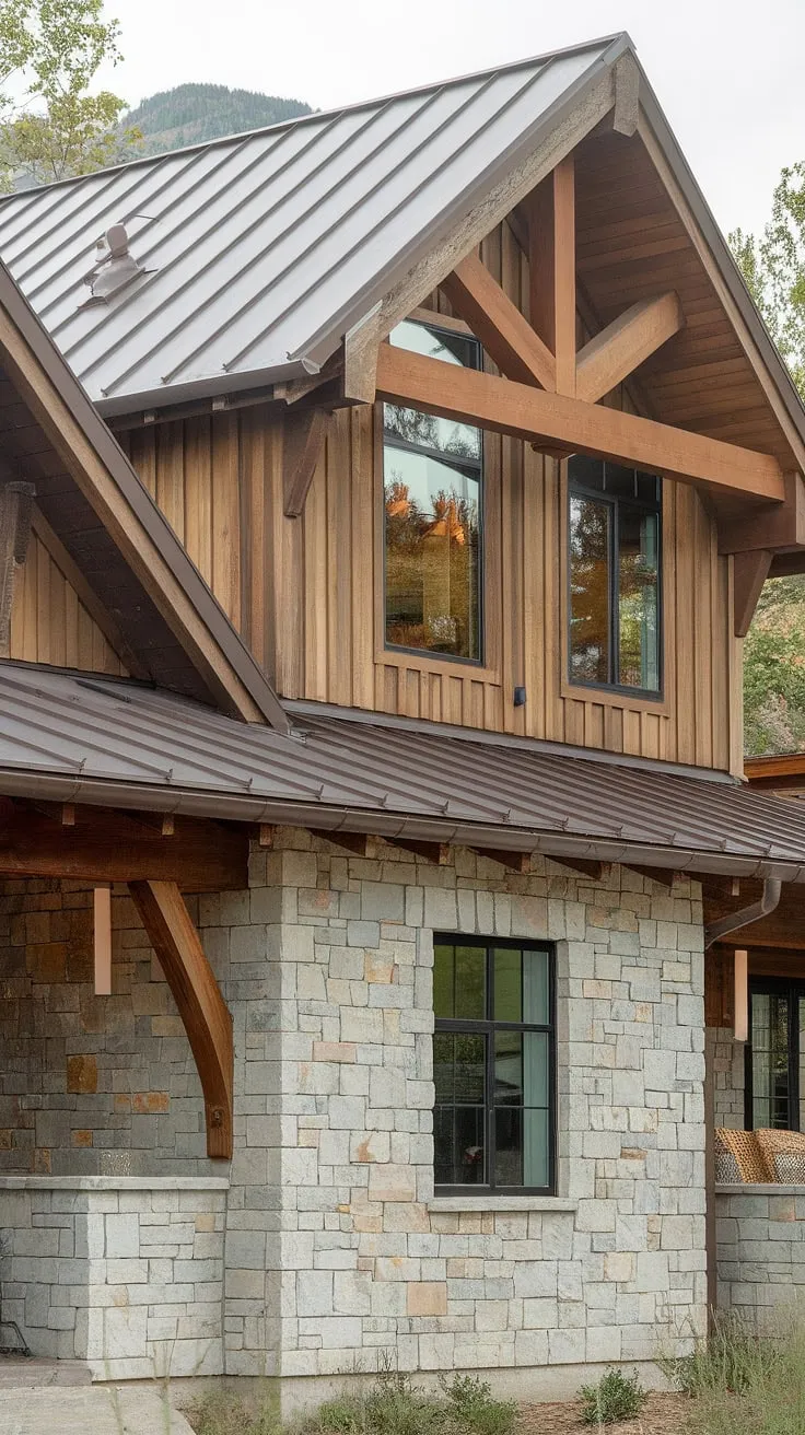 Nestled in the heart of the mountains, this contemporary farmhouse seamlessly blends rustic charm with modern elegance. The stone and wood exterior, accented by exposed beams, creates a warm and inviting atmosphere, a true testament to thoughtful design. A perfect retreat where nature's beauty meets sophisticated living. A dream home realized.