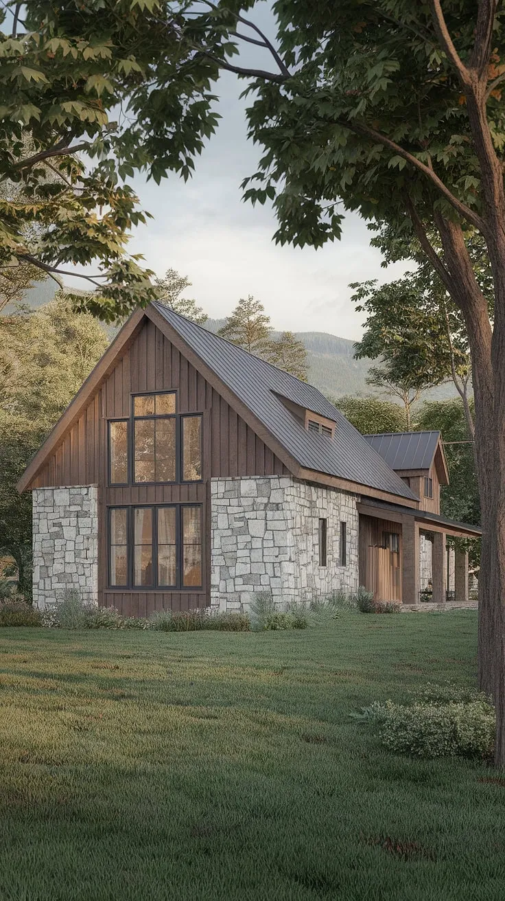 Where modern meets rustic, this contemporary farmhouse offers breathtaking mountain views and a tranquil escape. The blend of wood and stone creates a timeless elegance, perfectly complementing the lush landscape. A sanctuary awaits.