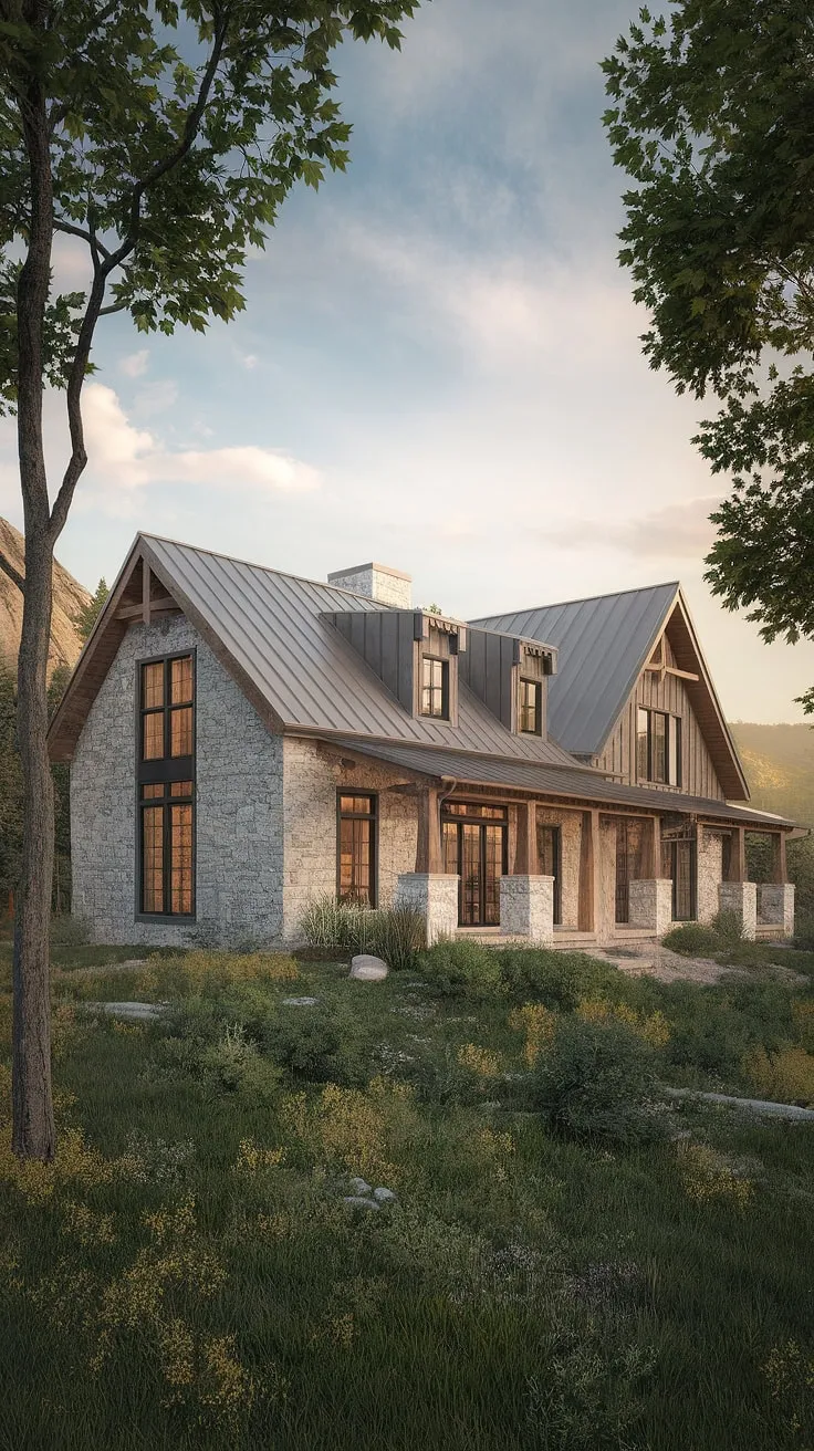 A stunning mountain retreat, this home showcases the best of rustic-modern design. The interplay of natural stone, large windows framing the serene landscape, and the striking metal roof creates a captivating architectural statement. A perfect blend of comfort and contemporary style, it's a dream home come true.