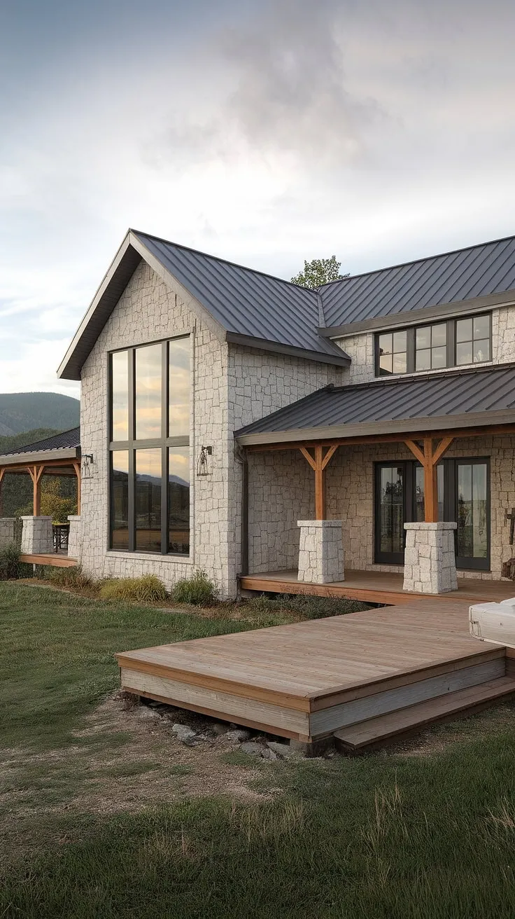 Nestled in the tranquil landscape, this contemporary farmhouse effortlessly blends rustic charm with modern elegance. The stone exterior, expansive windows, and metal roof create a striking silhouette against the majestic mountains, while the inviting wooden porch and deck promise peaceful evenings. A perfect sanctuary, offering breathtaking views and a harmonious connection to nature. A testament to thoughtful design and serene living.
