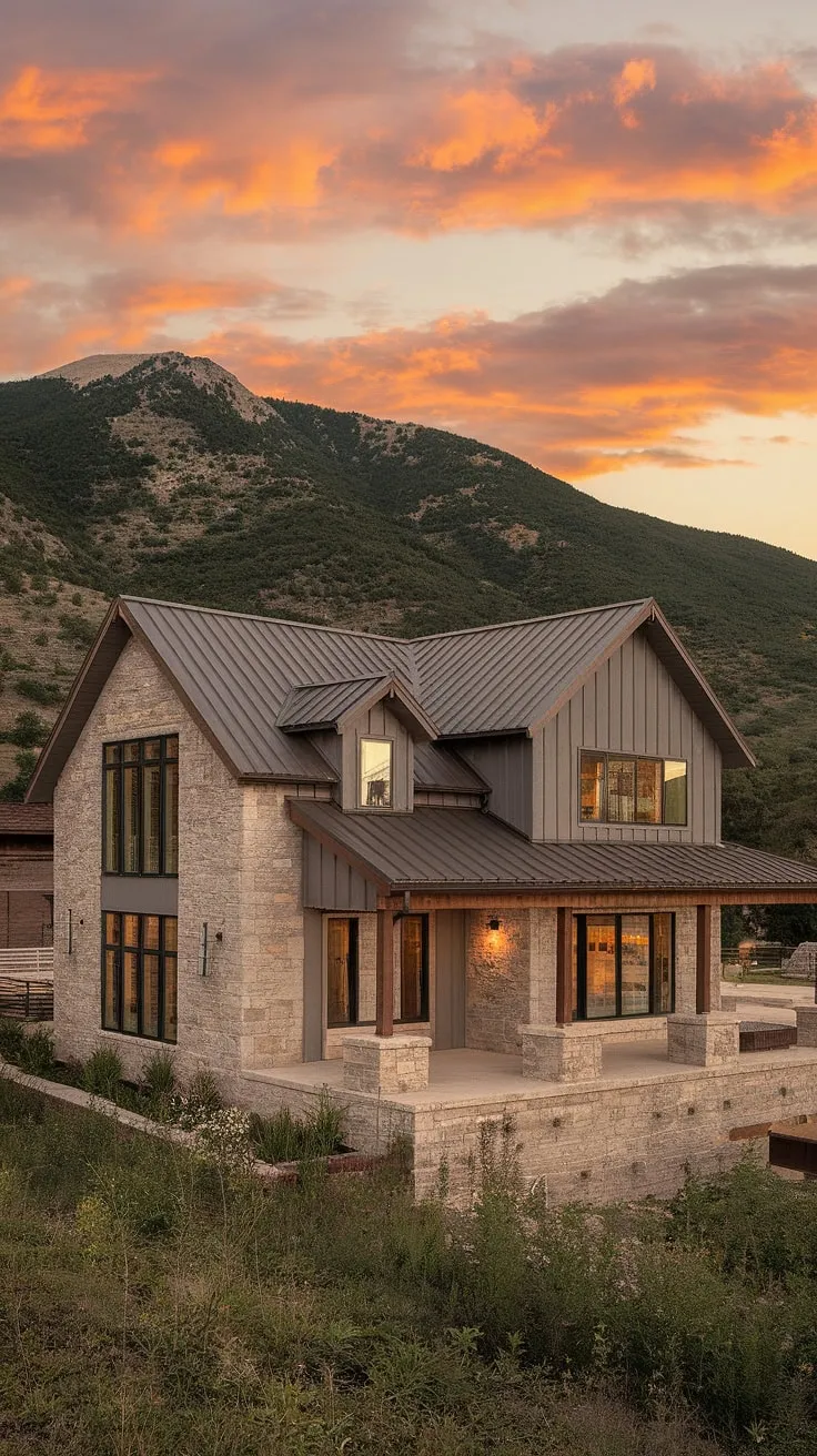 A symphony of stone, wood, and sunset. This rustic modern farmhouse, perched amidst the lush mountainside, offers a tranquil escape. A perfect blend of nature's raw beauty and sophisticated design, it's a dream home come to life.