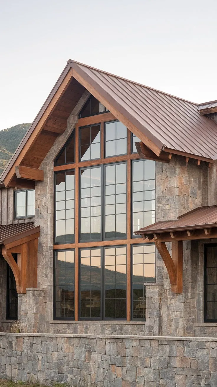 Where modern design meets rustic charm, this farmhouse offers breathtaking mountain views and a tranquil escape. The exposed beams and stone foundation create a timeless aesthetic, while the expansive windows bring the stunning landscape inside.