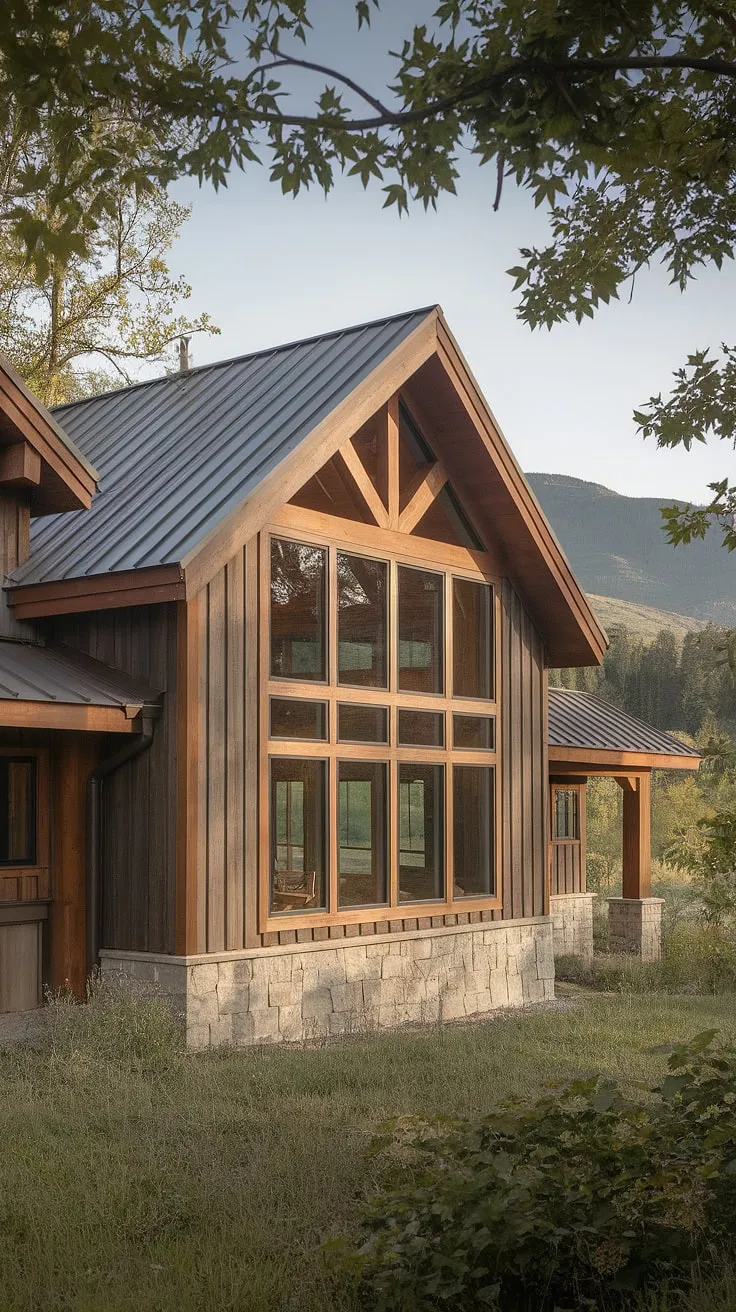 A stunning example of rustic modern architecture, this farmhouse sits proudly amidst a breathtaking mountain vista. The warm wood tones and stone accents create a cozy and inviting atmosphere, while the large windows flood the interior with natural light. A dream home where comfort and captivating scenery meet. A true escape from the everyday.