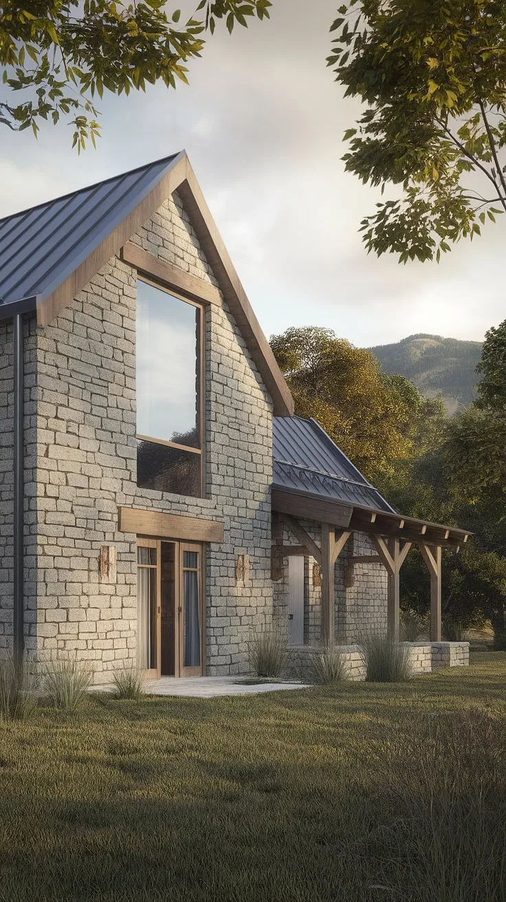 Where rustic charm meets modern elegance. This contemporary farmhouse, nestled amongst towering trees and majestic mountains, offers a tranquil escape. The blend of stone and wood creates a warm and inviting atmosphere, perfectly complemented by the expansive window offering breathtaking views. A testament to thoughtful design and a connection with nature.