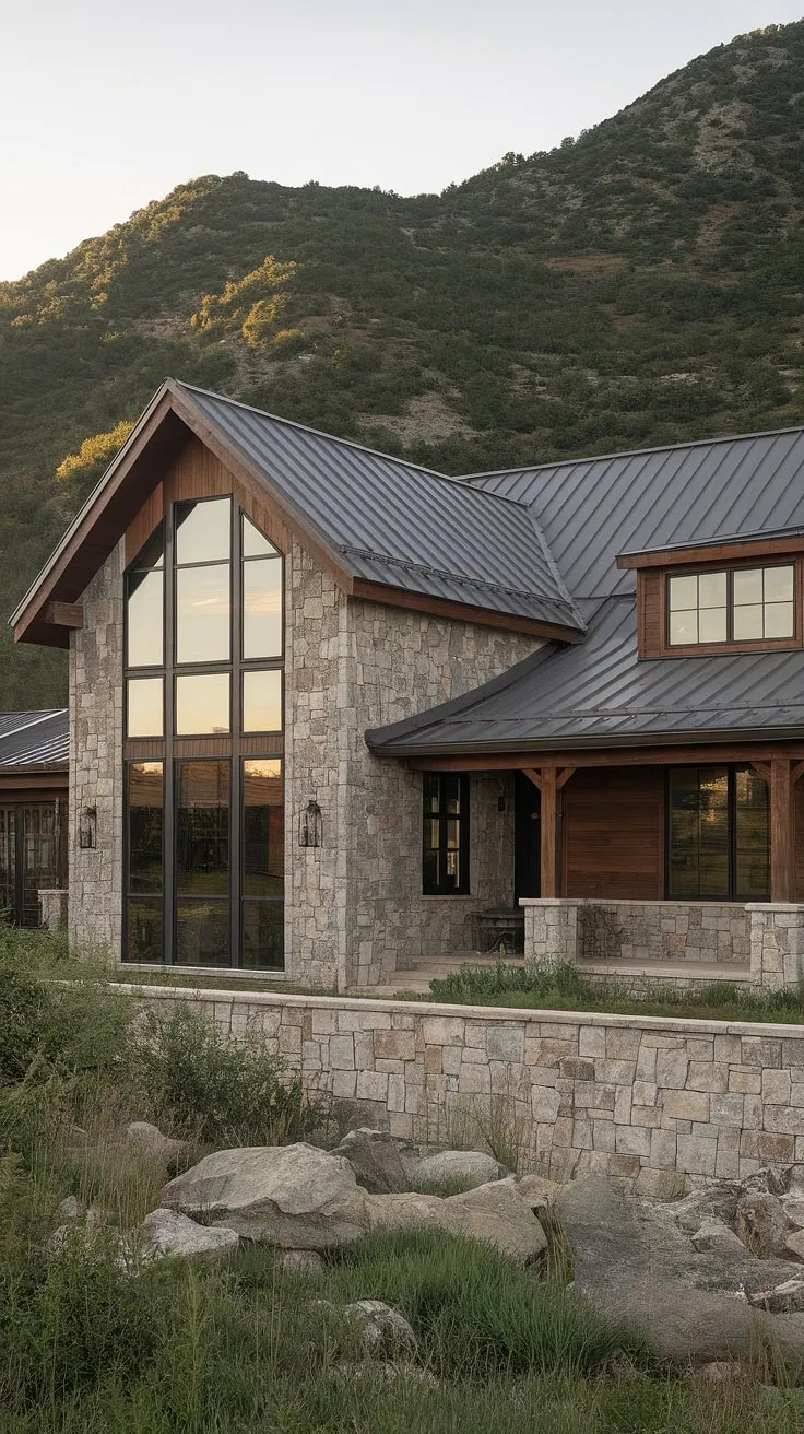 A breathtaking blend of industrial farmhouse and mountain retreat. This home's striking exterior, crafted from stone and wood, showcases a unique architectural vision. Large windows frame the stunning landscape, while the metal roof adds a touch of rugged elegance, perfectly complementing the lush greenery and majestic mountains.