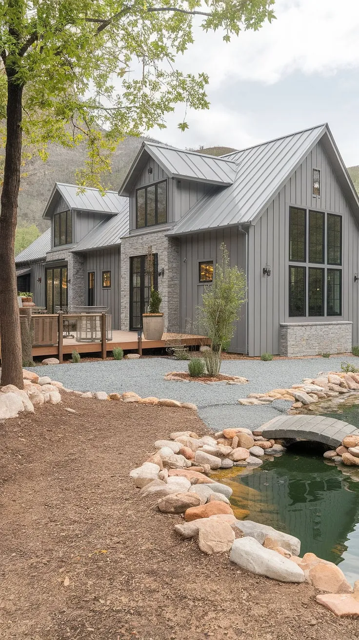 Nestled in the mountains, this contemporary farmhouse seamlessly blends rustic charm with modern elegance. The gray exterior, stone accents, and expansive windows offer breathtaking views, while the wooden deck and tranquil pond create a serene escape. A perfect blend of indoor and outdoor living, this home is a testament to thoughtful design.