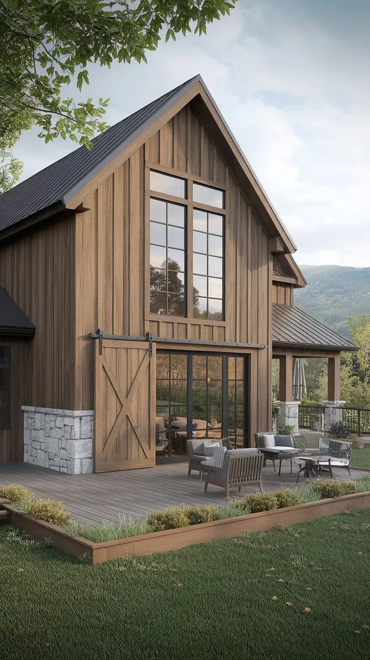 A dream realized: This contemporary farmhouse boasts stunning mountain views, perfectly complemented by its rustic-modern aesthetic. The blend of wood and stone, the expansive window, and the inviting deck create a space that is both elegant and comfortable. A perfect escape, offering unparalleled beauty and serenity.