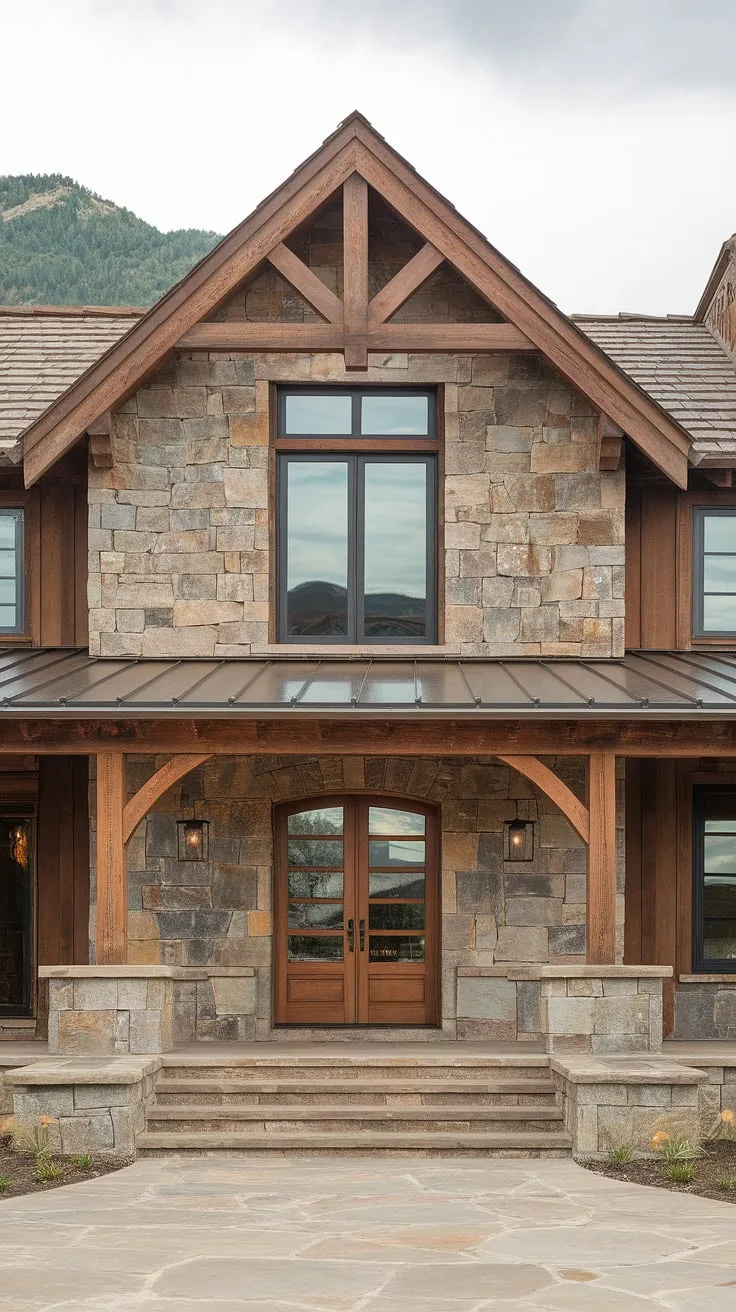 A testament to timeless design, this transitional farmhouse effortlessly marries rustic textures with clean lines. The rugged stone exterior and towering mountain backdrop create a dramatic setting, while the carefully considered details promise a haven of peace and tranquility within. A perfect blend of old-world charm and modern sophistication.