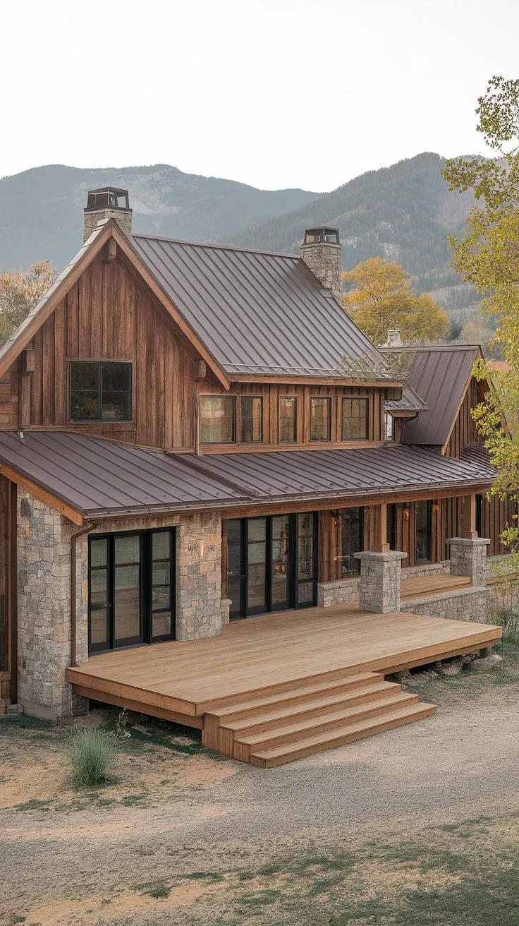 This stunning modern farmhouse, with its A-frame design and rustic wooden facade, sits majestically against a backdrop of majestic mountains. The stone accents and metal roof add a touch of rugged elegance, while the inviting wooden deck promises countless hours of relaxation. A dream home come to life.
