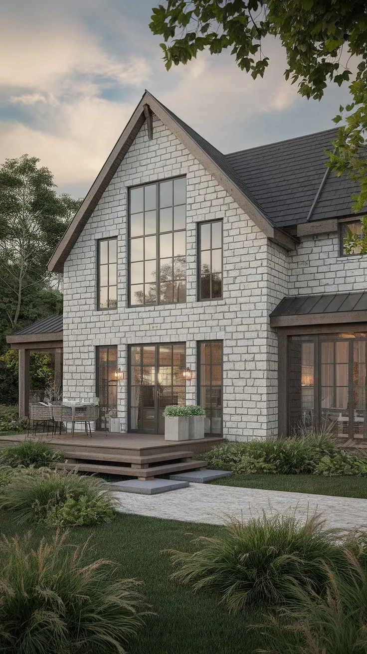 Where modern meets rustic charm. This transitional farmhouse, nestled amongst lush greenery, offers the perfect blend of sophisticated design and cozy comfort. A stunning stone exterior, expansive windows, and a welcoming wooden deck create a truly inviting atmosphere. A dream home realized.