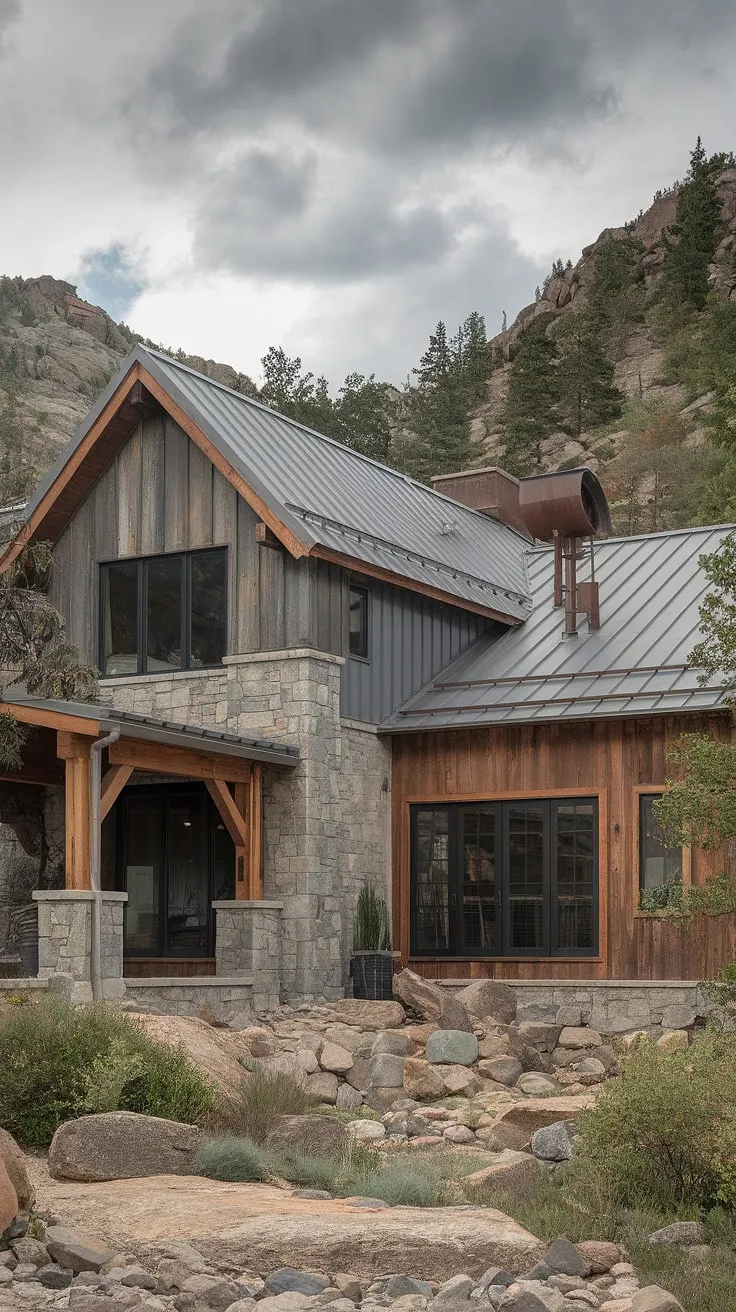 Nestled amidst the dramatic peaks, this home is a testament to the beauty of blending industrial and organic elements. The stone and wood construction, accented by a striking metal roof and exposed beams, creates a truly unique and inspiring space. A haven of tranquility, where nature's grandeur meets modern artistry.