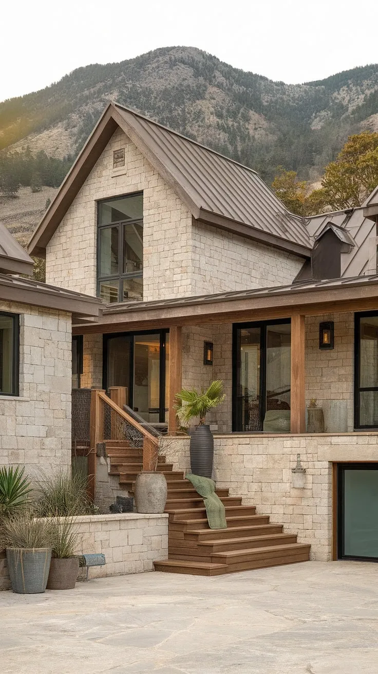 A breathtaking blend of rustic charm and modern elegance. This stone and wood farmhouse, perched against a majestic mountain backdrop, offers a tranquil escape. The carefully curated landscaping and inviting staircase perfectly complement the home's organic design. A true testament to harmonious living.