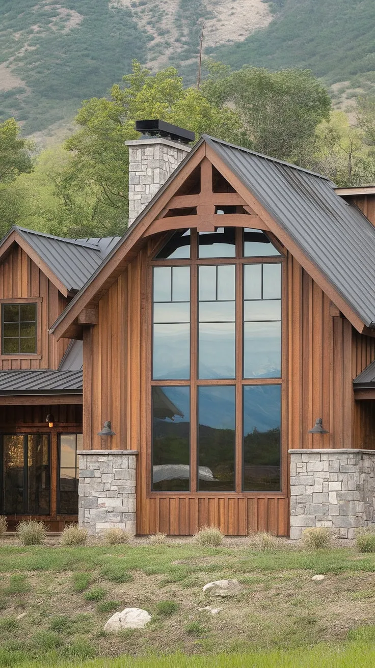 Nestled in the mountains, this contemporary farmhouse seamlessly blends rustic charm with modern elegance. The unique window design and stone accents perfectly complement the natural surroundings, creating a breathtaking sanctuary. A testament to thoughtful design and stunning mountain views.