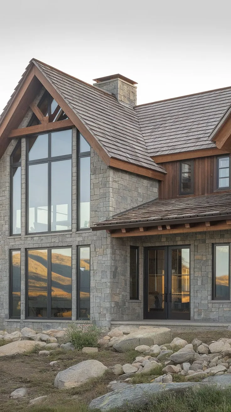 A testament to artful design, this home effortlessly marries the warmth of a rustic farmhouse with the clean lines of modern architecture. The dramatic mountain backdrop complements the home's stone exterior and steeply pitched wood-shingle roof, creating a truly unforgettable landscape. Large windows frame the stunning scenery, bringing the outdoors in.