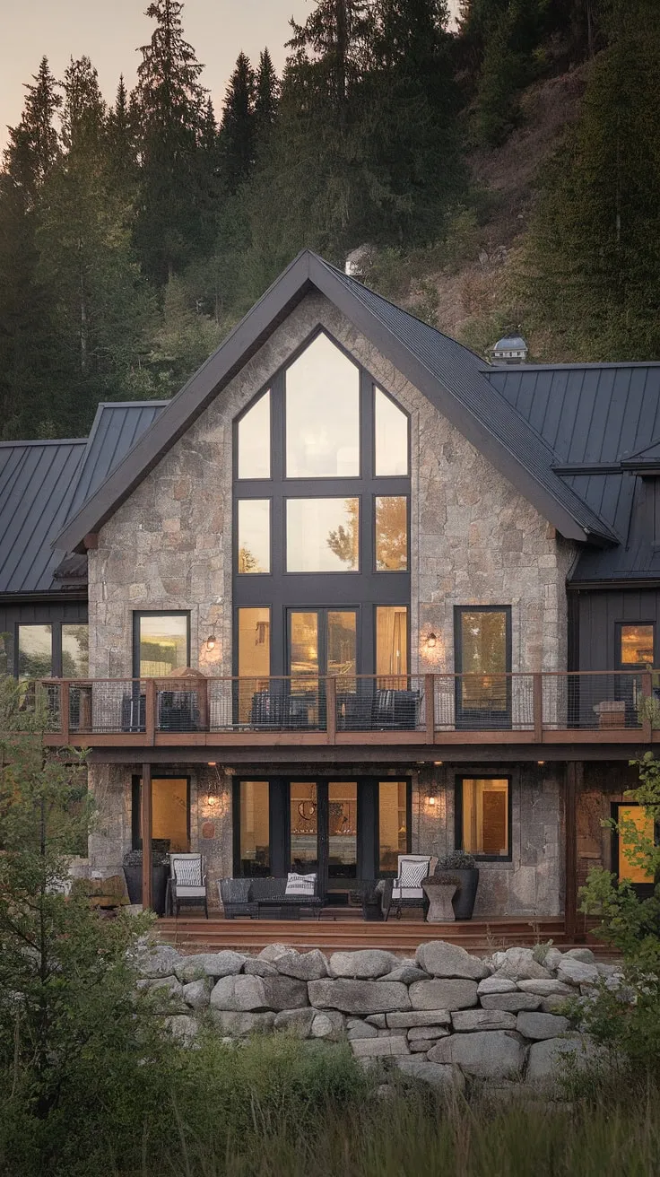 A breathtaking mountain retreat, this home showcases the best of rustic-modern design. The stone and wood construction, coupled with the large windows offering stunning views, creates a space that is both inviting and awe-inspiring. A true testament to the power of blending textures and styles, it's a place where tranquility reigns supreme.