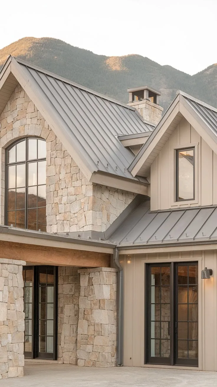 Where modern meets mountain. This contemporary farmhouse seamlessly blends clean lines with organic textures, creating a haven of understated elegance nestled amongst breathtaking peaks. The interplay of stone, wood, and metal, accented with soft beige and dark grey, speaks to a timeless design aesthetic.