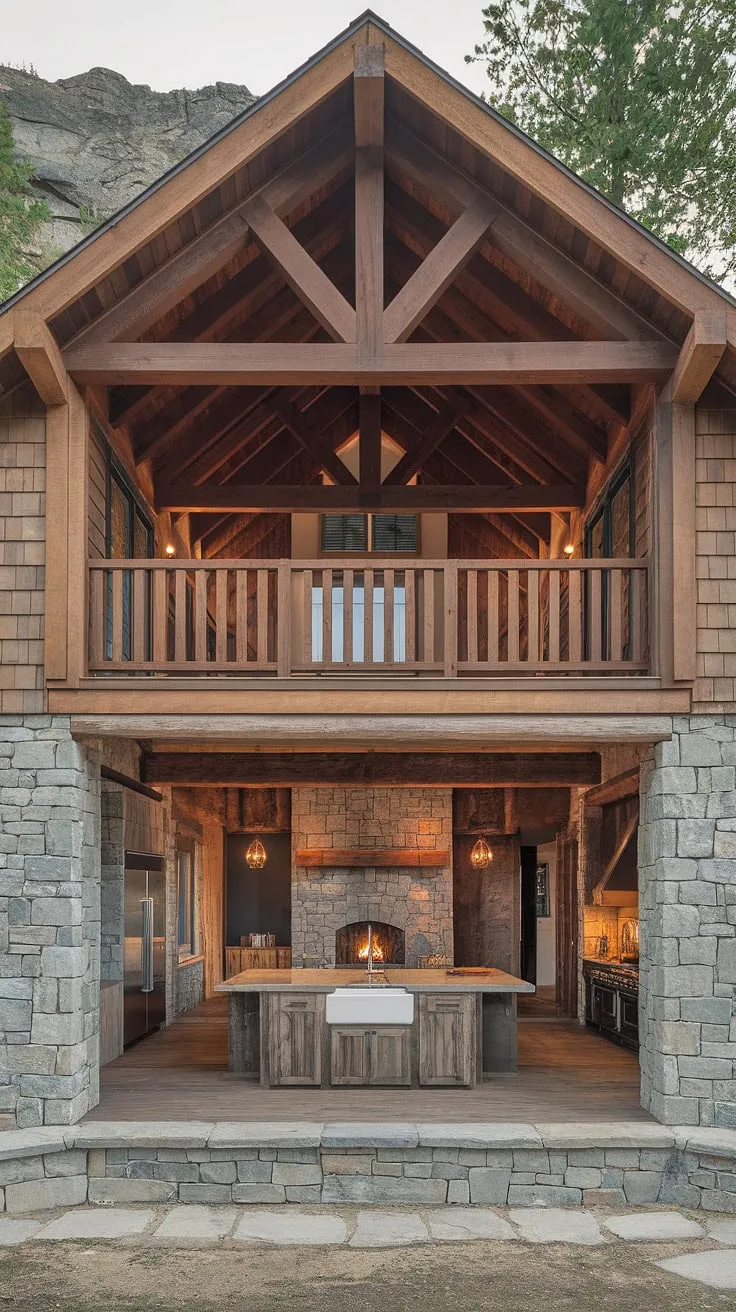 This mountain retreat offers the best of both worlds: the rustic allure of a stone and wood farmhouse and the open, airy feel of modern design. A cozy wood-burning fireplace creates a welcoming ambiance, while the farmhouse sink and stainless steel appliances in the kitchen provide both style and functionality. The loft space adds an extra layer of charm, completing this idyllic escape.