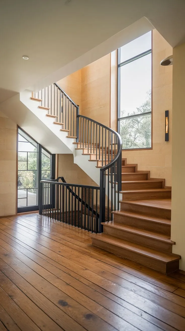 This contemporary foyer and staircase entryway showcases stunning villa architecture, with exquisite villa flooring ideas complementing the home staircase design.  The downstairs design ideas, including the below stairs interior design, are a testament to exceptional interior design.
