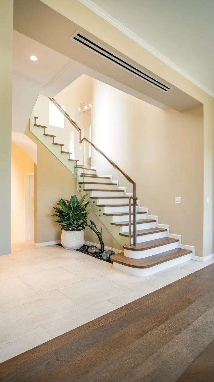 Step into modern luxury with this foyer and staircase entryway.  The home staircase design, featuring wooden steps and a glass railing, is a highlight of this contemporary foyer.  The villa architecture is beautifully complemented by the villa flooring ideas and the overall downstairs design ideas create a welcoming and stylish space.  A true masterpiece of interior design.