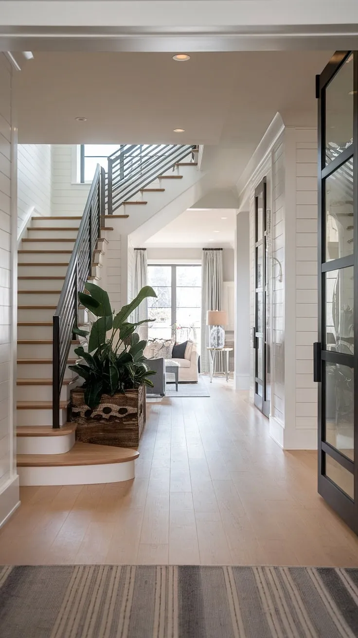 A breathtaking view of the home staircase design within this villa's foyer. The staircase home design is a masterpiece of interior design, seamlessly integrated with the contemporary foyer and the villa flooring ideas.  This downstairs design and below stairs interior design exemplify the best in villa architecture.