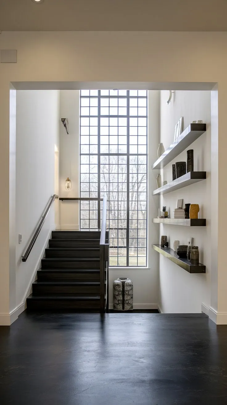 A breathtaking view of the home staircase design within this villa's foyer.  The staircase home design is a masterpiece of interior design, seamlessly integrated with the contemporary foyer and the villa flooring ideas.  This downstairs design and below stairs interior design are truly exceptional examples of villa architecture.