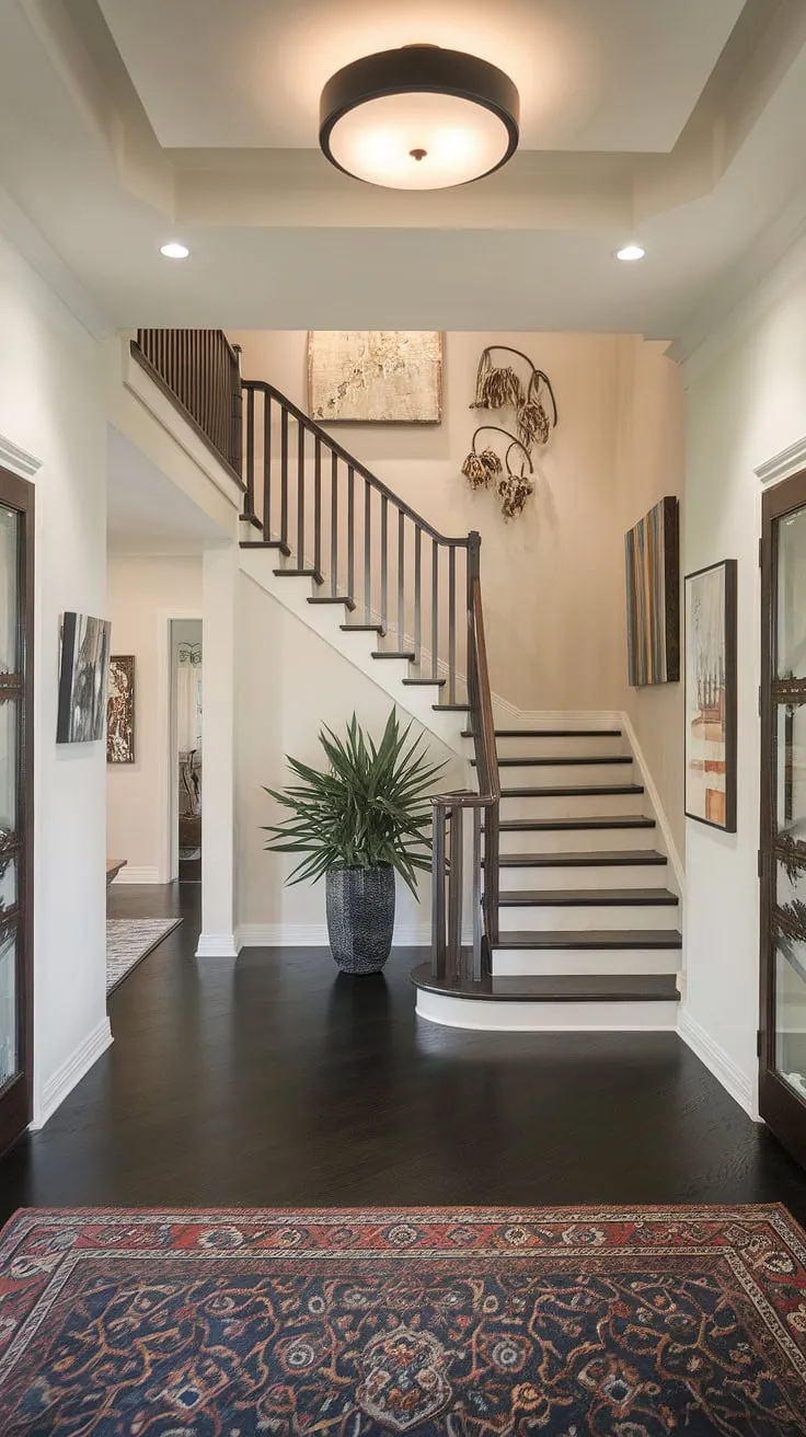 This contemporary foyer and staircase entryway showcases stunning villa architecture. The interplay of light walls and dark villa flooring ideas creates a dramatic effect, while the home staircase design adds a touch of elegance to the downstairs design ideas.  The below stairs interior design is thoughtfully considered, enhancing the overall interior design of this luxurious villa.