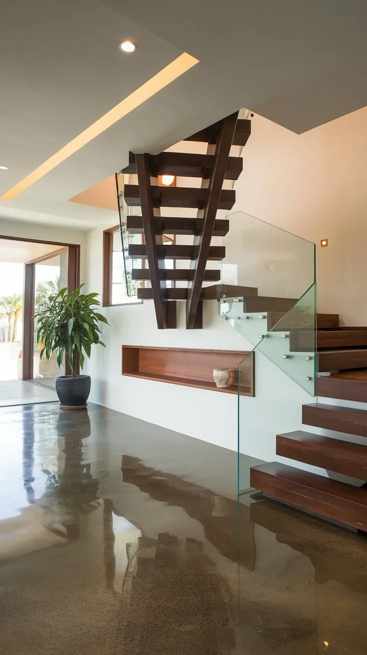 A breathtaking view of the home staircase design within this villa's foyer.  The staircase home design, combined with thoughtful downstairs design ideas and below stairs interior design choices, elevates this contemporary foyer into a statement piece of villa architecture and interior design, showcasing unique villa flooring ideas.