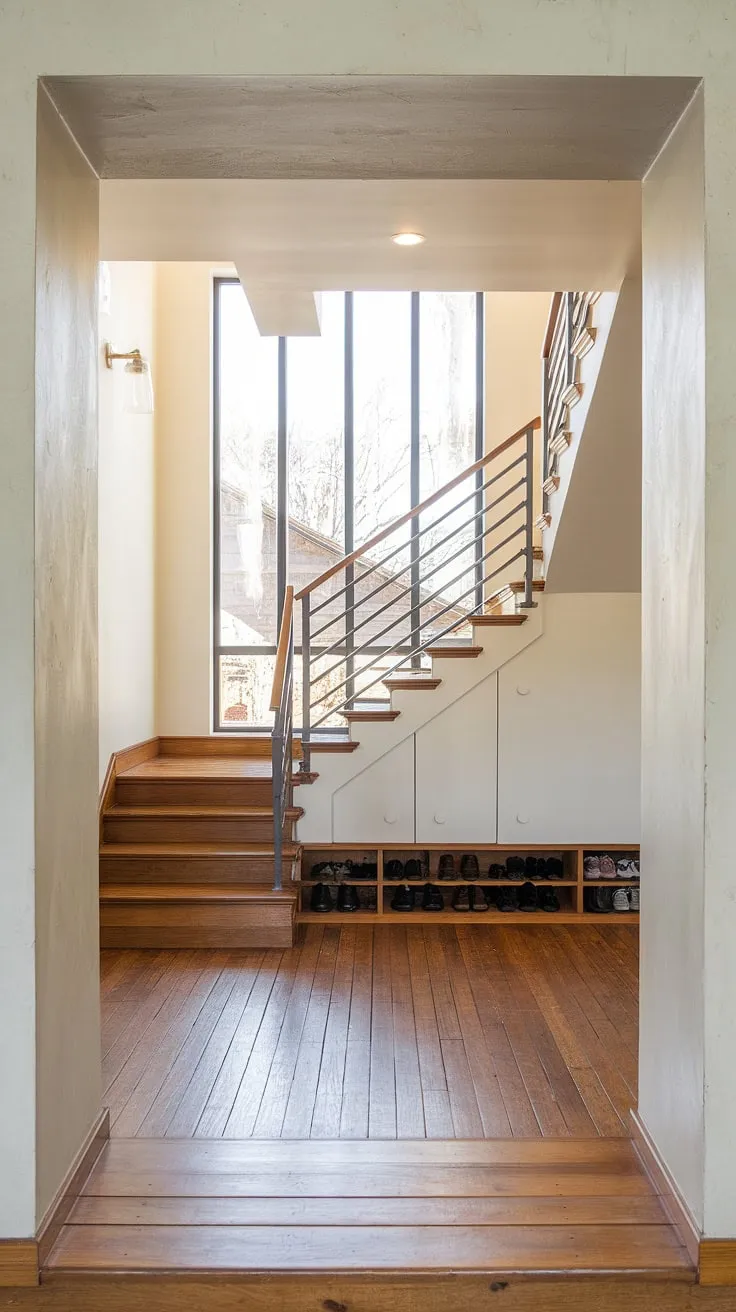 A contemporary foyer sets the stage for this stunning villa.  The elegant staircase, a masterpiece of home staircase design, commands attention within the foyer and staircase entryway.  Note the exquisite villa flooring ideas and the thoughtful below stairs interior design, all contributing to the overall downstairs design ideas and showcasing exceptional villa architecture and interior design.