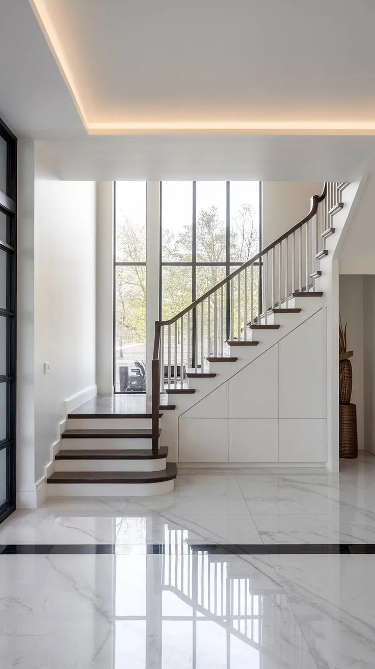 This contemporary foyer and staircase entryway showcases the perfect blend of modern minimalism and elegant design.  The natural light streaming through the large window illuminates the polished marble villa flooring, while the dark wood staircase and custom below stairs interior design add warmth and sophistication to this stunning home staircase design.  Clever downstairs design ideas maximize space, creating a functional and visually appealing villa architecture.
