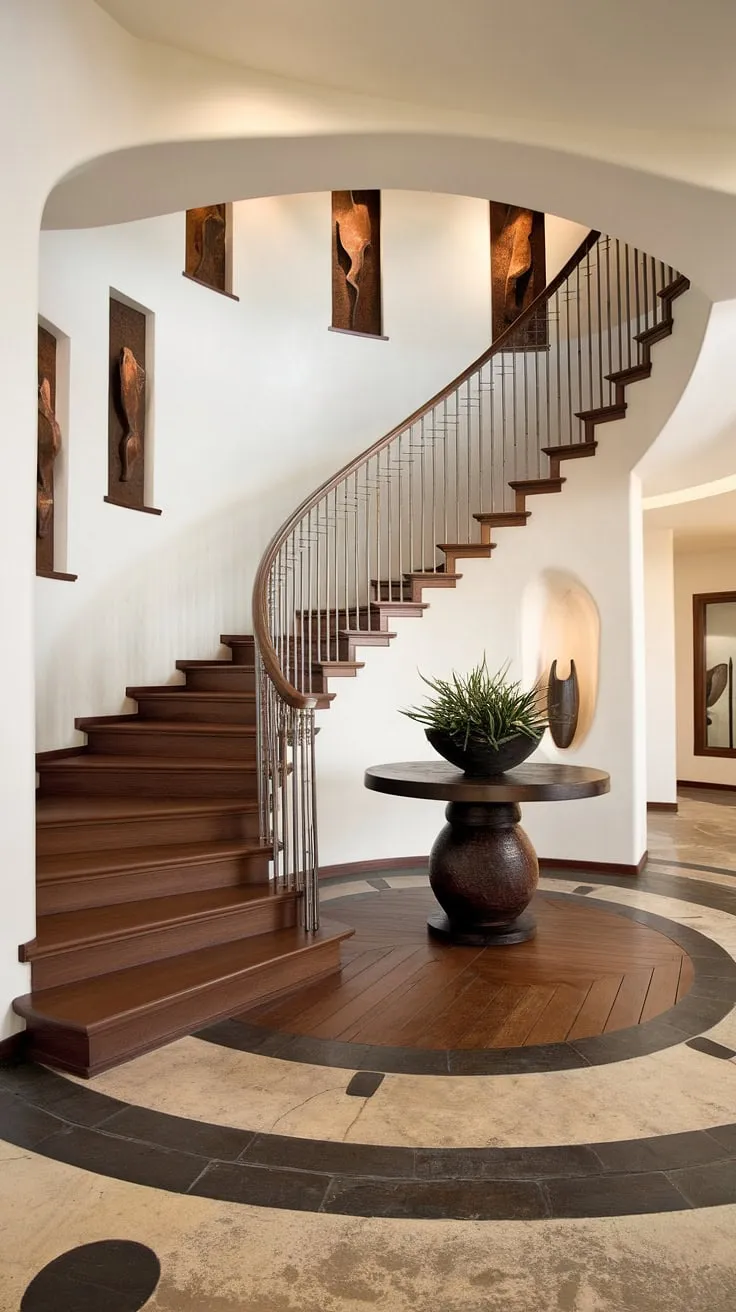 Sophisticated villa architecture meets modern interior design in this breathtaking contemporary foyer. The foyer and staircase entryway, a masterpiece of staircase home design, features a striking curved staircase with a unique combination of metal and glass railings.  Note the clever use of villa flooring ideas and the subtle below stairs interior design elements that complete this downstairs design ideas showcase.
