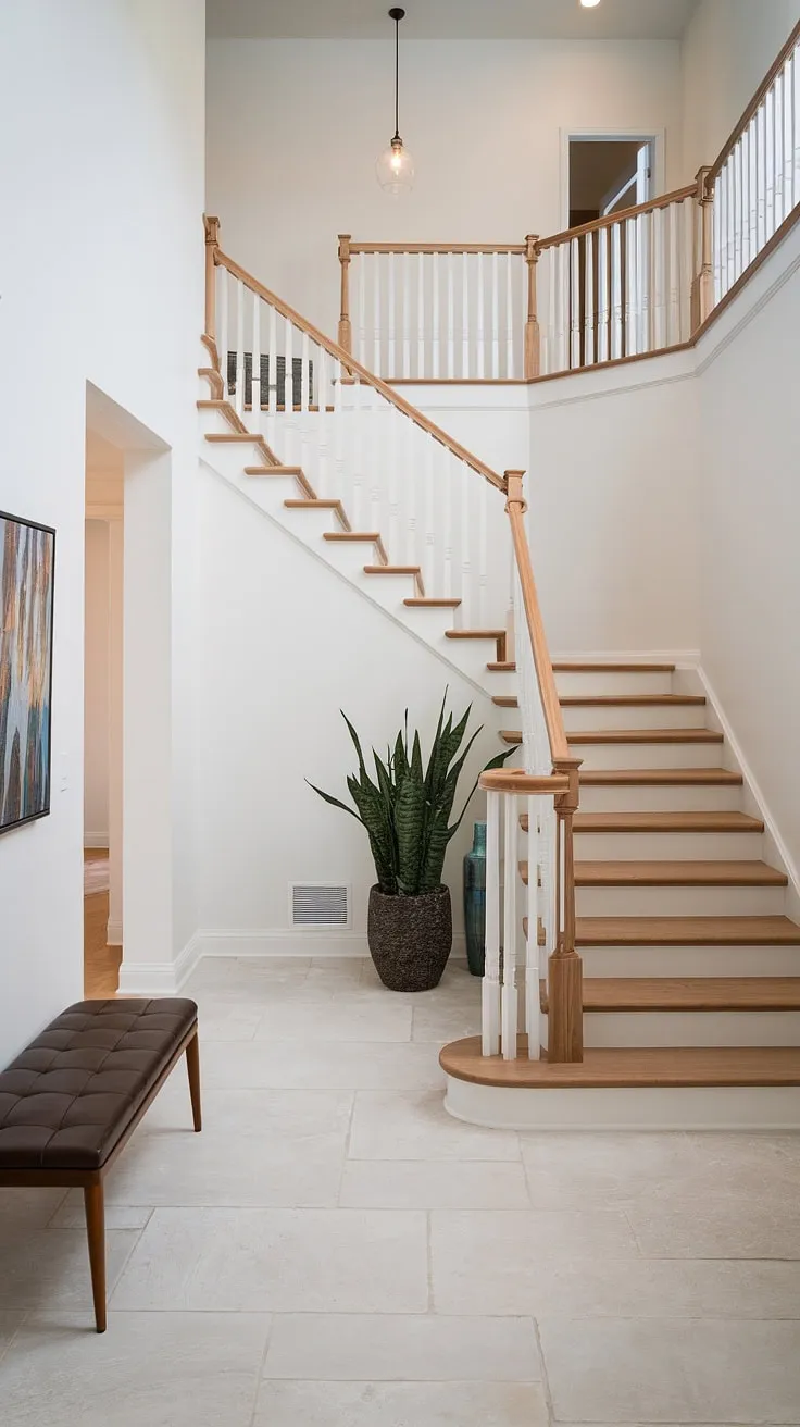 This contemporary foyer and staircase entryway showcases the seamless blend of modern interior design and classic villa architecture.  The elegant home staircase design, paired with thoughtful downstairs design ideas, including the below stairs interior design featuring a bench and plant, creates a welcoming atmosphere. The villa flooring ideas are beautifully complemented by the white walls, offering inspiration for anyone seeking sophisticated style.