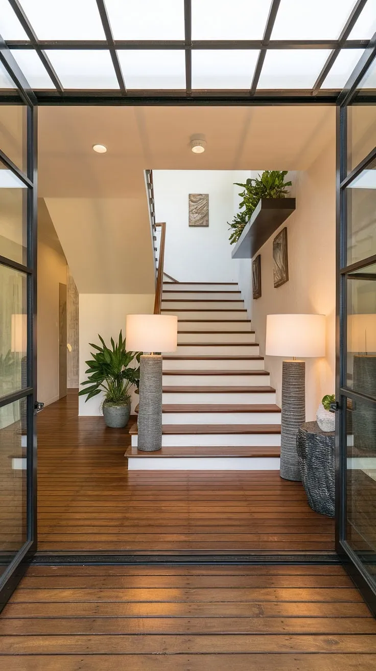 A contemporary foyer sets the stage for this stunning villa.  The elegant staircase, a masterpiece of home staircase design, commands attention as it ascends, showcasing exquisite villa flooring ideas and impeccable downstairs design ideas.  The below stairs interior design is equally considered, completing the sophisticated foyer and staircase entryway within this example of exceptional villa architecture and interior design.