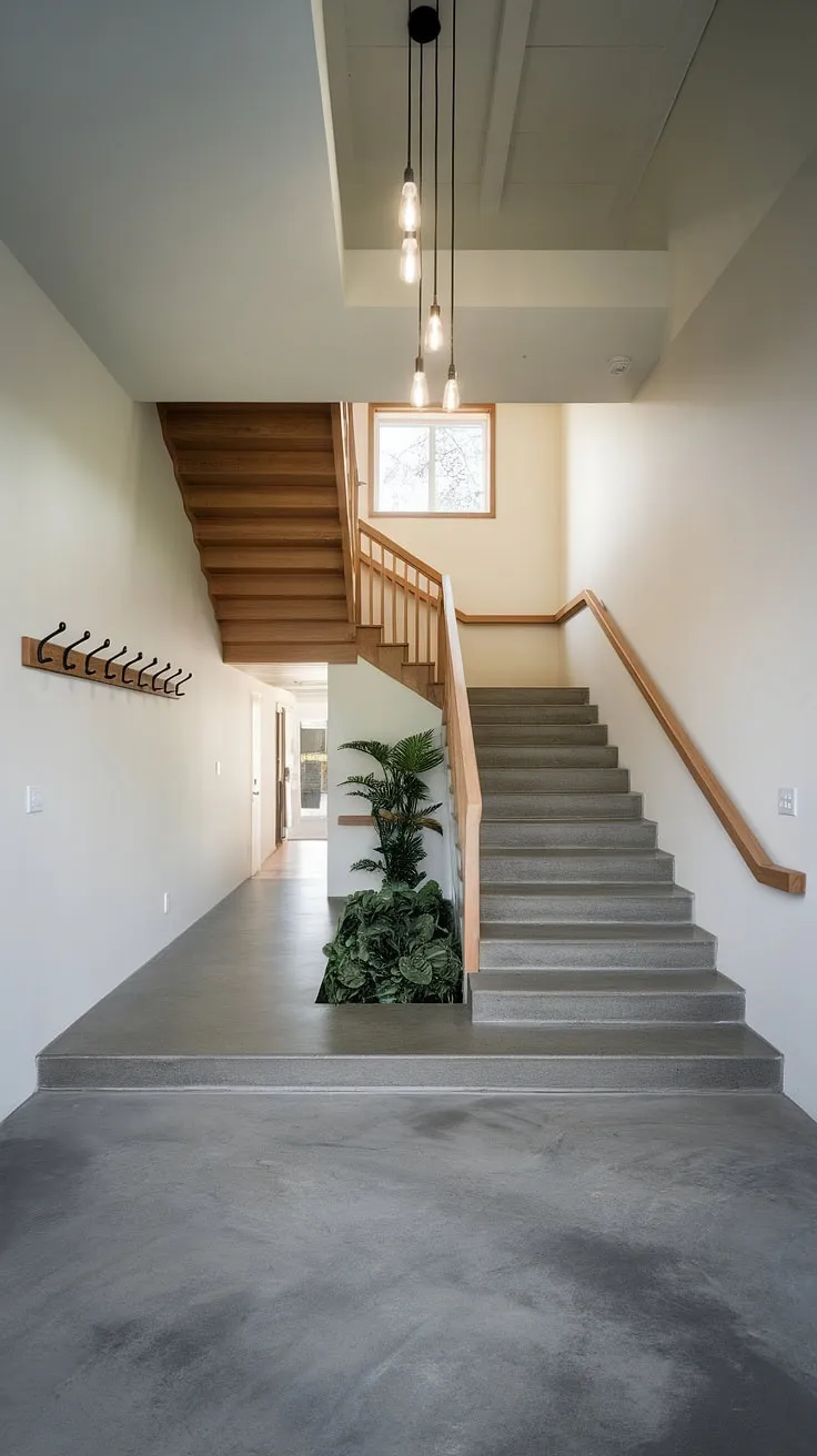 A breathtaking example of home staircase design, this foyer's interior design seamlessly integrates grey concrete villa flooring ideas with a sleek wooden staircase. The high ceilings and minimalist aesthetic of this contemporary foyer create a welcoming and spacious downstairs design ideas.  The below stairs interior design is cleverly utilized, showcasing thoughtful villa architecture.