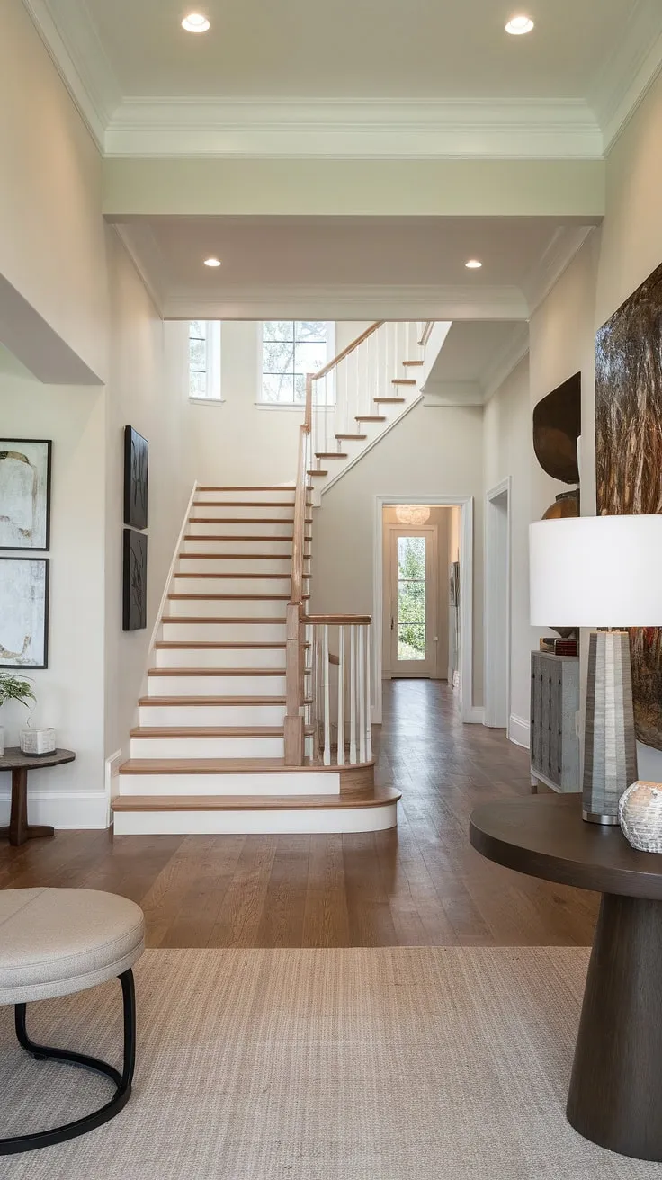 The elegant lines of this home staircase design are the focal point of this contemporary foyer, a testament to thoughtful below stairs interior design within this stunning villa.  The warm villa flooring ideas and carefully chosen furniture create a welcoming atmosphere in this foyer and staircase entryway, showcasing the best in contemporary interior design.