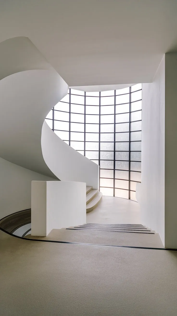This contemporary foyer, with its striking spiral staircase and minimalist design, sets the tone for the entire villa.  The light grey concrete flooring complements the white walls, while the frosted glass window adds a touch of elegance.  This stunning staircase home design showcases exceptional downstairs design ideas and below stairs interior design, offering inspiration for villa flooring ideas and home staircase design within the broader context of villa architecture.