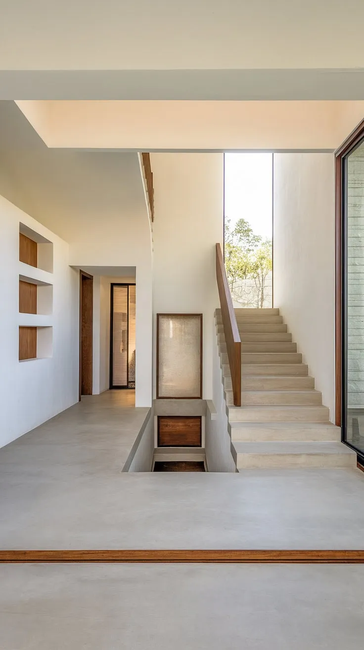 This contemporary foyer and staircase entryway showcases stunning villa architecture, with exquisite villa flooring ideas complementing the home staircase design.  The below stairs interior design is a testament to sophisticated downstairs design ideas and exceptional interior design.