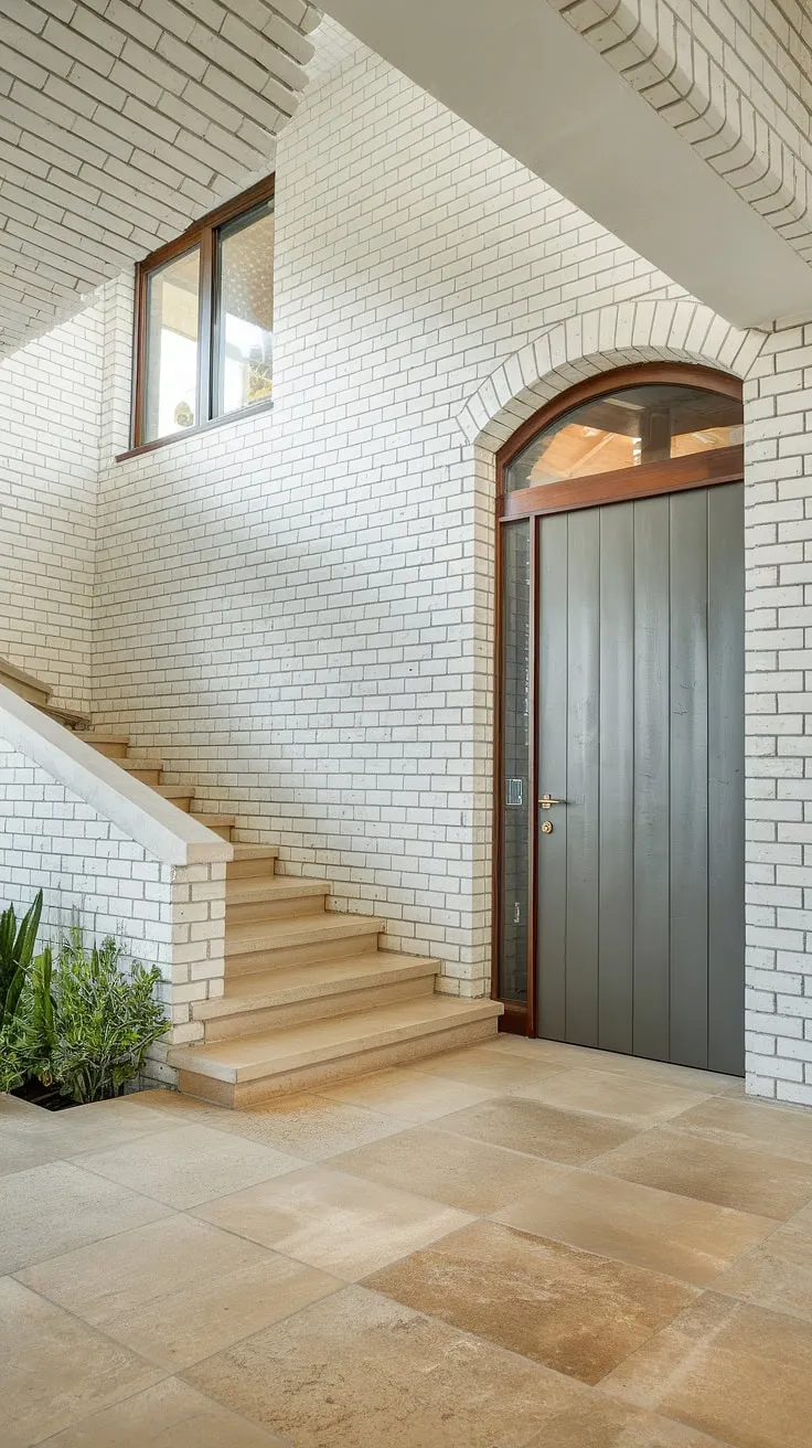 The elegant lines of this home staircase design define the heart of this villa.  The contemporary foyer is a masterpiece of interior design, featuring striking villa flooring ideas and a thoughtful below stairs interior design. The white brick walls and dark gray door complement the spaciousness, making this staircase home design a highlight of the villa architecture.