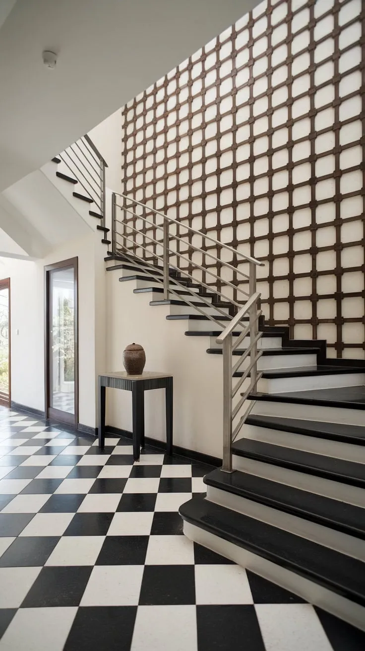 This contemporary foyer and staircase entryway showcases stunning villa architecture and flooring ideas.  The home staircase design is a focal point, perfectly complementing the downstairs design ideas and below stairs interior design, creating a sophisticated villa interior design.