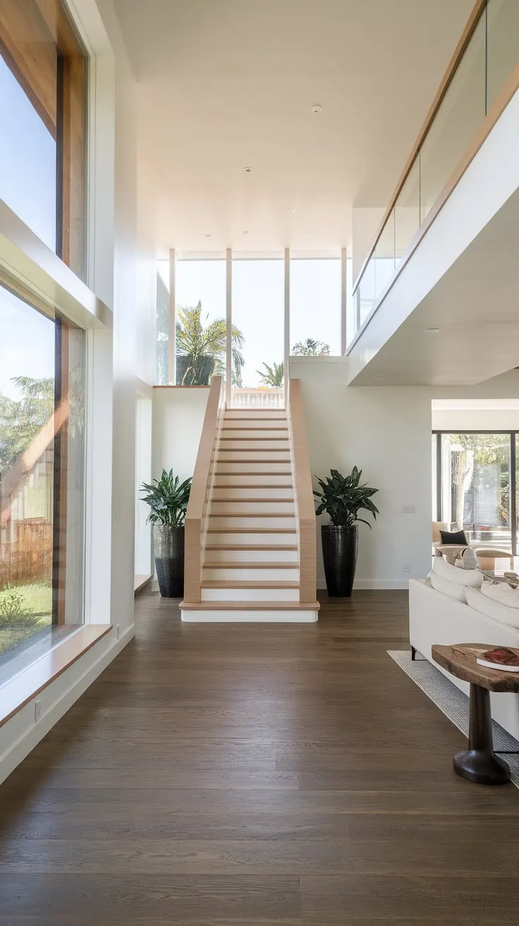 This stunning villa architecture boasts a breathtaking contemporary foyer, where a light-filled foyer and staircase entryway welcomes you home.  The home staircase design is a masterpiece, complemented by the rich villa flooring ideas and the calming downstairs design ideas visible beyond.  The below stairs interior design is equally impressive, creating a seamless flow between spaces.  This is interior design at its finest, showcasing the best in modern living.