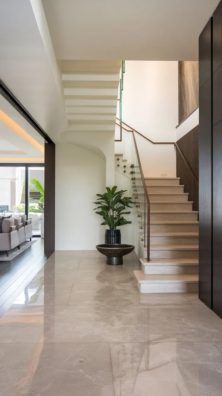 The interplay of light and space in this contemporary foyer is breathtaking.  This home staircase design, with its glass railing and wooden steps, is a focal point of the foyer and staircase entryway, perfectly complementing the villa flooring ideas and overall villa architecture.  The subtle interior design details, including the plant and decorative bowl, add warmth to this stunning downstairs design ideas and below stairs interior design.