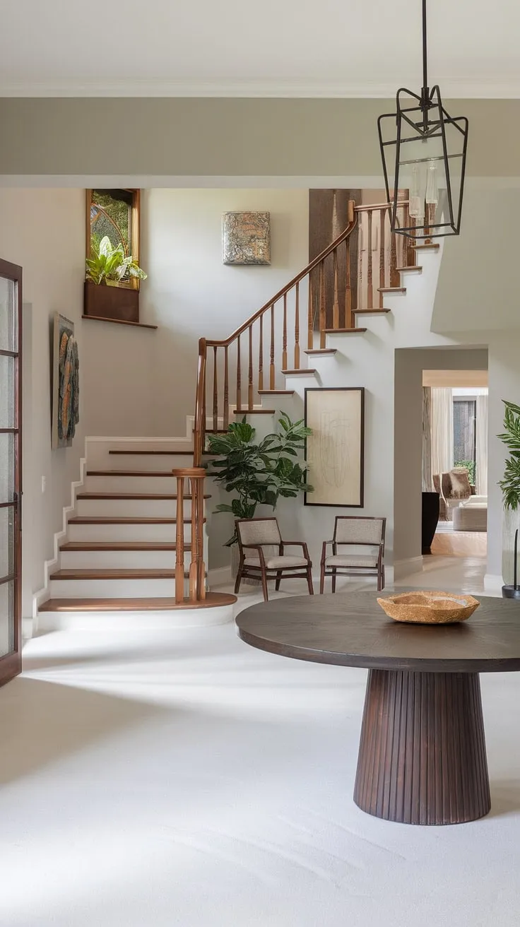 This contemporary foyer and staircase entryway showcases stunning villa architecture and flooring ideas.  The home staircase design is a focal point, highlighting the sophisticated downstairs design ideas and below stairs interior design within this villa.