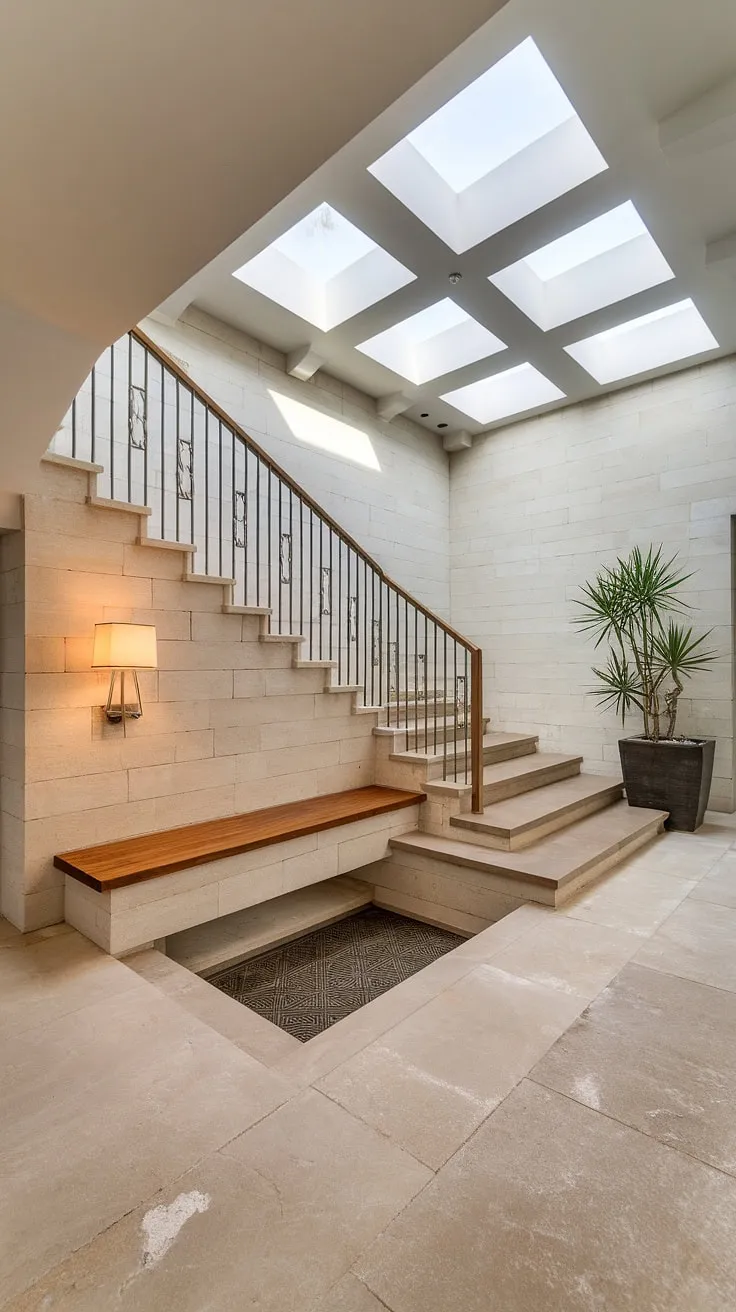 A breathtaking view of the home staircase design within this villa's foyer.  The staircase home design, combined with thoughtful downstairs design ideas and below stairs interior design, elevates this contemporary foyer into a statement piece of villa architecture and showcases inspiring villa flooring ideas.