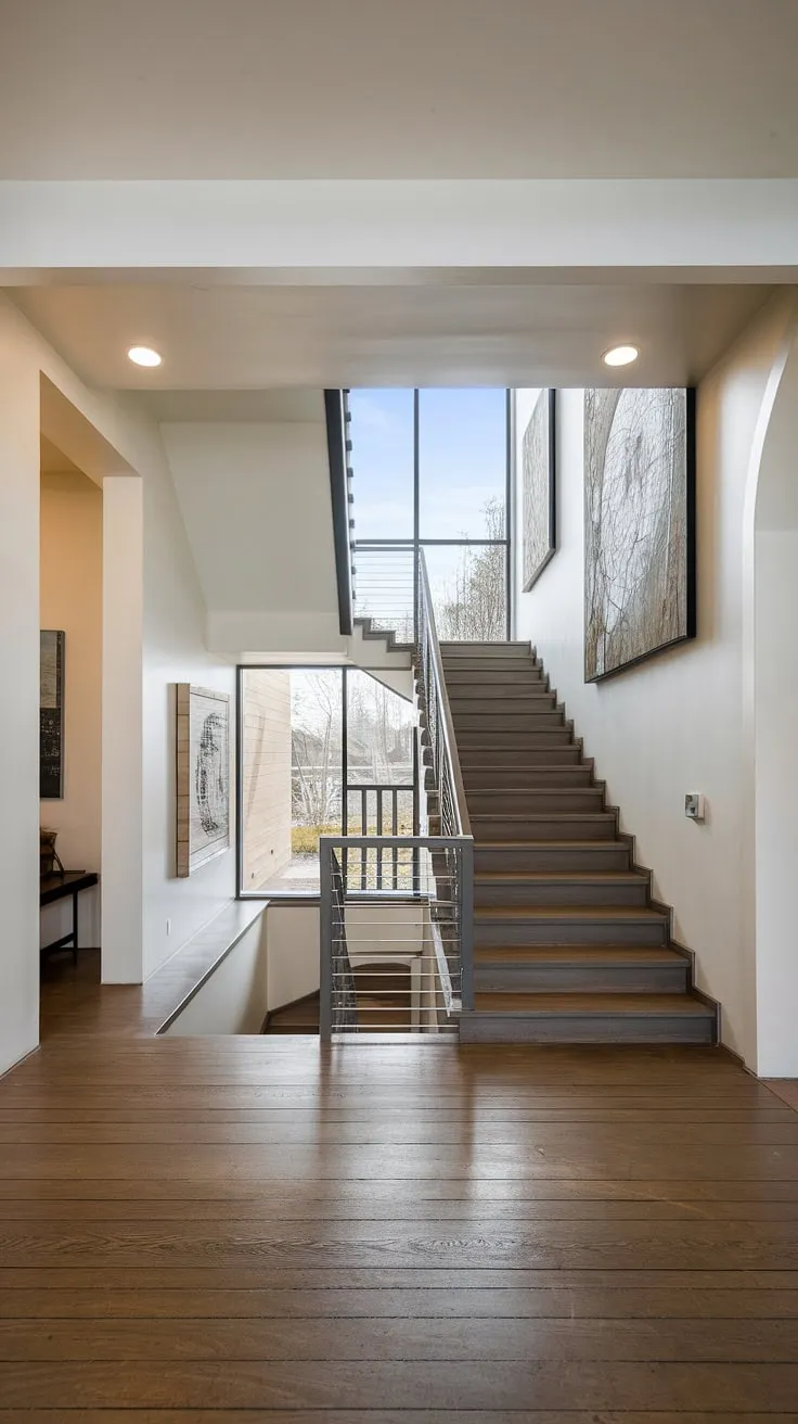 This contemporary foyer and staircase entryway showcases stunning villa architecture and flooring ideas.  The home staircase design is a focal point, highlighting the sophisticated downstairs design ideas and below stairs interior design within this villa.