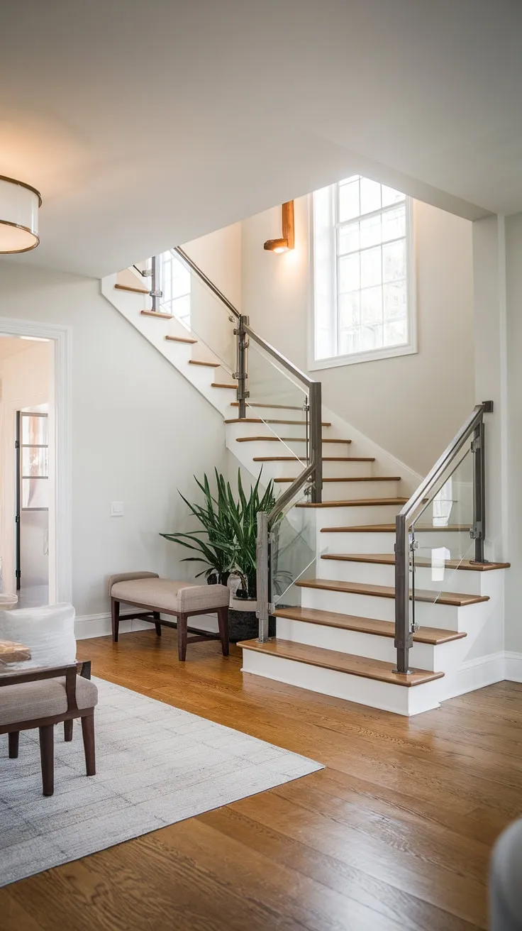 A contemporary foyer sets the stage for this stunning villa.  The elegant staircase, a masterpiece of home staircase design, commands attention within the foyer and staircase entryway.  Note the exquisite villa flooring ideas and the thoughtful below stairs interior design, all contributing to the overall downstairs design ideas and showcasing exceptional villa architecture and interior design.