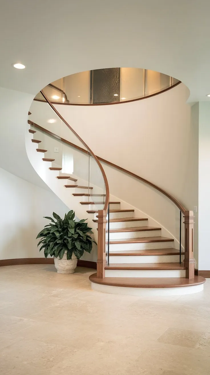This contemporary foyer and staircase entryway showcases stunning villa architecture and interior design.  The home staircase design is a focal point, complemented by elegant villa flooring ideas and sophisticated downstairs design ideas, maximizing the impact of the below stairs interior design.
