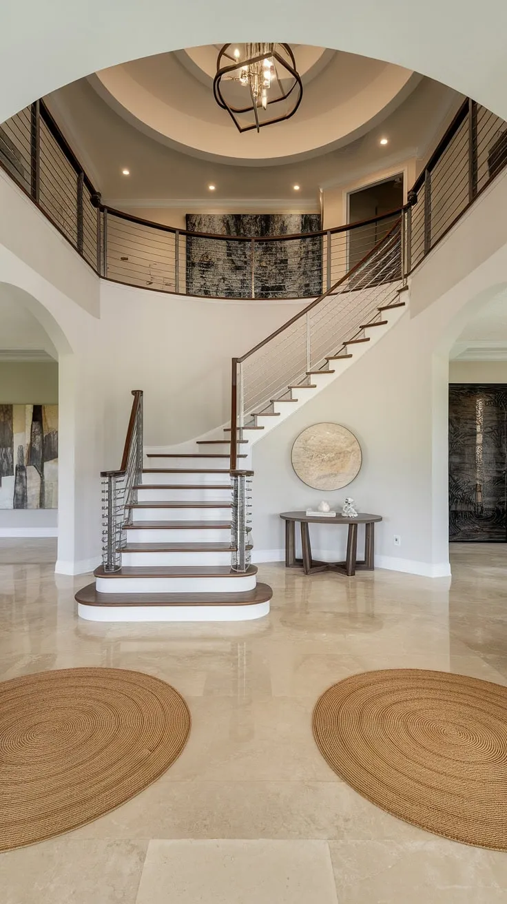 A contemporary foyer sets the stage for this stunning villa.  The staircase entryway, a masterpiece of home staircase design, commands attention, showcasing exquisite villa flooring ideas and sophisticated downstairs design ideas.  The below stairs interior design is equally impressive, a testament to exceptional villa architecture and interior design.