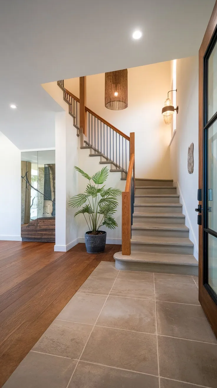 A contemporary foyer sets the stage for this stunning villa.  The elegant staircase, a masterpiece of home staircase design, commands attention within the foyer and staircase entryway.  Note the exquisite villa flooring ideas and the thoughtful below stairs interior design, all contributing to the overall downstairs design ideas and showcasing exceptional villa architecture and interior design.