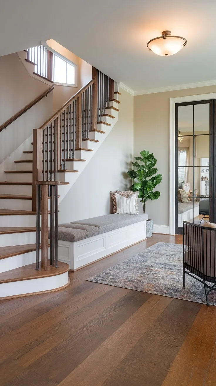 Sophisticated villa architecture meets modern interior design in this stunning foyer. The home staircase design is a focal point, complemented by clever below stairs interior design and thoughtful villa flooring ideas.  This downstairs design ideas showcase a functional and stylish use of space in a contemporary foyer, creating a welcoming staircase entryway.