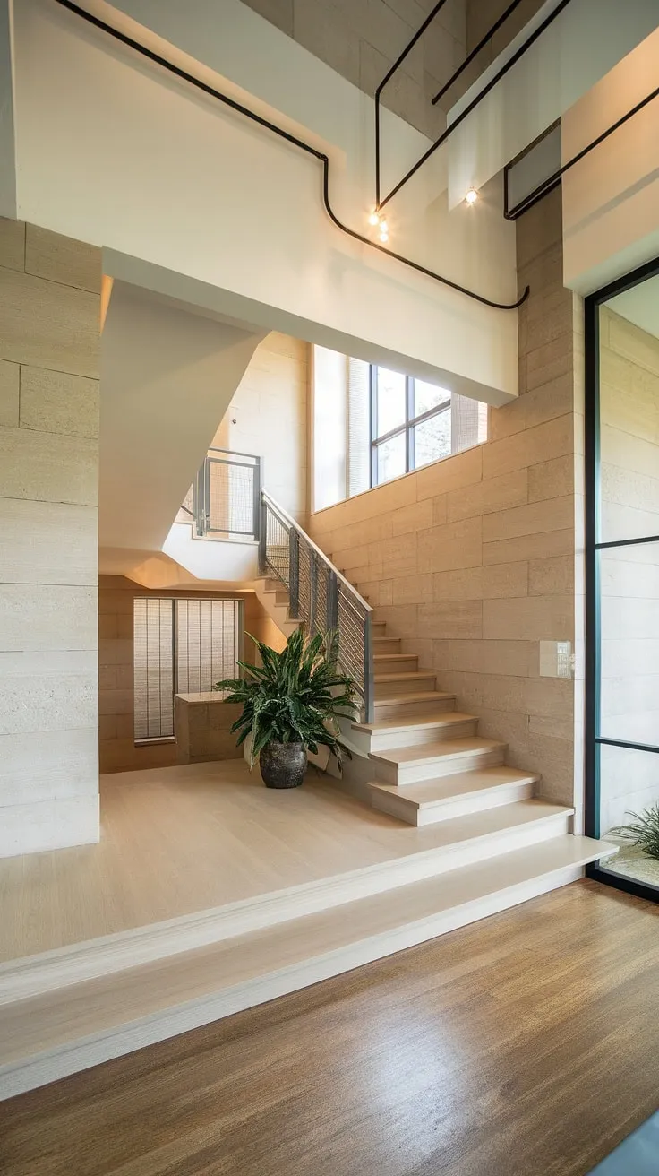A contemporary foyer sets the stage for this stunning villa.  The elegant staircase, a masterpiece of home staircase design, commands attention within the foyer and staircase entryway, showcasing impeccable downstairs design ideas and below stairs interior design.  The villa flooring ideas complement the overall villa architecture and interior design perfectly.
