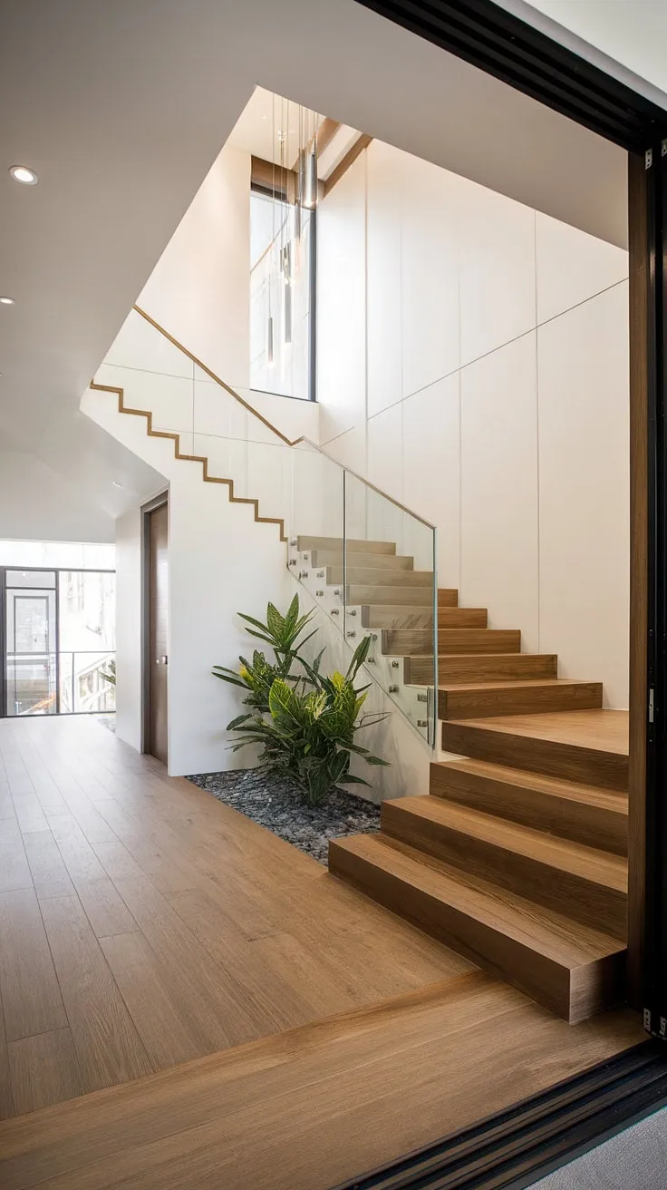 Sophisticated villa architecture meets modern interior design in this breathtaking foyer.  The staircase home design, a focal point of the foyer and staircase entryway, features a sleek glass railing and complements the warm villa flooring ideas.  This downstairs design idea, with its thoughtful below stairs interior design, perfectly exemplifies contemporary foyer style.